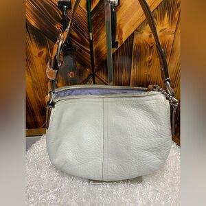 Coach Pebbled Leather Shoulder Bag Cream with Brown Strap, purple interior.